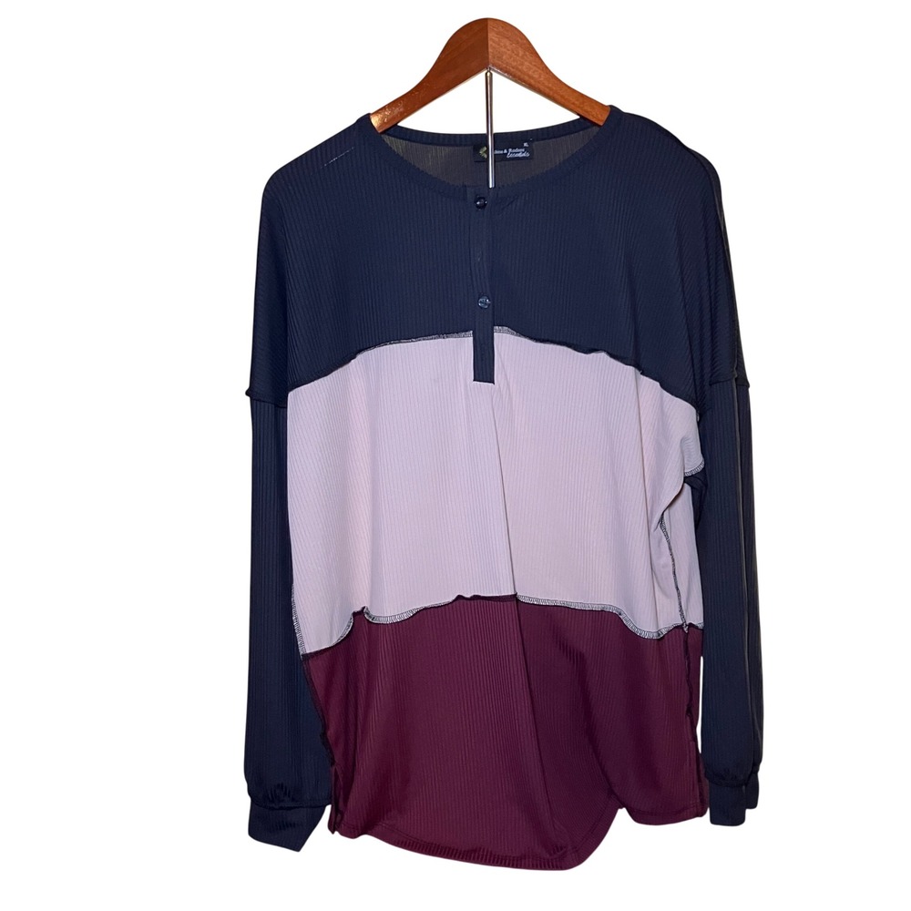Sunshine & Rodeos Henley Top Women's XL Navy Cream Burgundy Colorblock